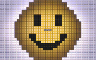 pixelated smiley face with error message yellow and black digital art technology error concept cyber