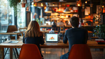 Two people sitting at a table with a laptop in front of them