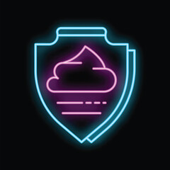 Poster - Glowing neon line shield with icon isolated on black background. Guard sign. Security, safety, protection, privacy concept. Vector illustration