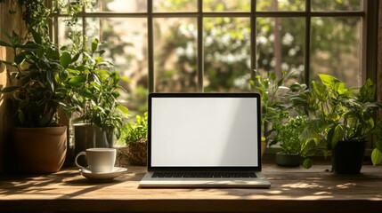 Aufkleber - This workspace features a laptop on a wooden table surrounded by lush plants.