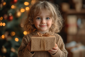 Sweet blonde child surrounded by Christmas presents