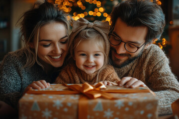 Happy family opening Christmas gift together by the Christmas tree