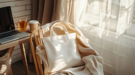 Poster - A comfortable workspace featuring a laptop resting on a wooden desk, a steaming cup of tea, and a stylish bag placed on a chair next to a soft blanket.