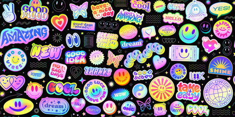 Aufkleber - Cool Y2k Holographic Stickers Collage Seamless Pattern Vector Design. Trendy Pop Art Futuristic Patches Background.