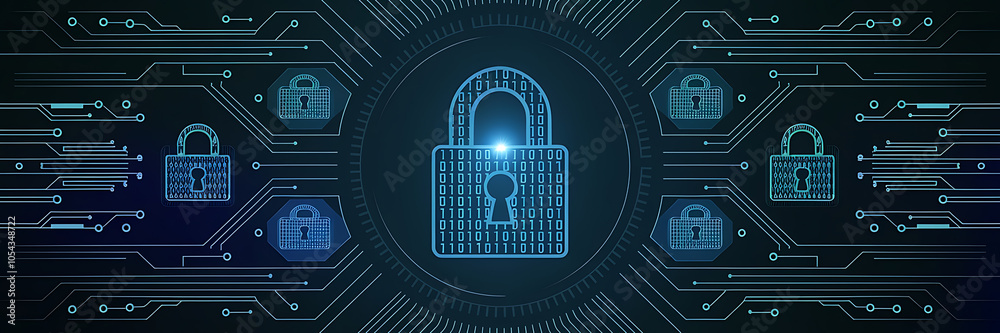Cybersecurity concept with blue and green lock symbols on a digital ...