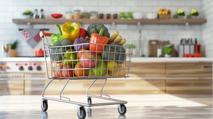 3D shopping cart full of fruits and vegetables set against a kitchen background with realistic lighting to create a warm, homely feel. More clearly with the clear lighting.