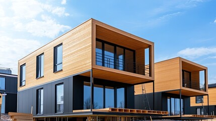 Modern architecture featuring two stylish wooden houses with large windows against a vibrant blue sky.