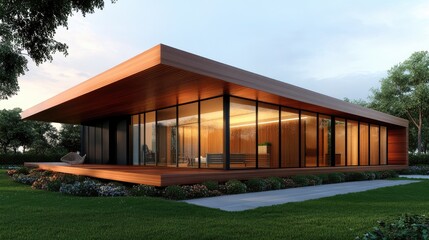 Modern house design featuring large glass windows, wooden elements, and lush landscaping in a serene environment.