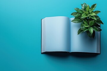 Poster - Open Book with Green Plant on Blue Background