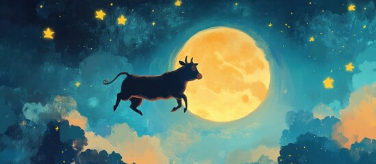 Wall Mural - A black cow leaps through the night sky, silhouetted against a bright, full moon and a starry night.
