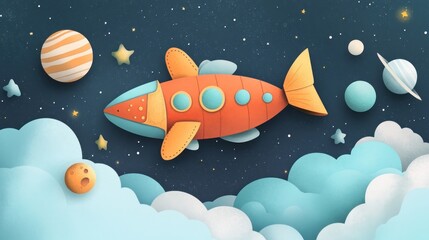 Wall Mural - A cartoon spaceship with orange and yellow accents flies through space with clouds and planets in the background.