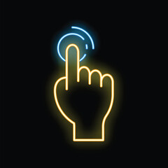 Poster - Neon sign of a hand with index finger extended touching a screen or button