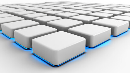 Poster - Abstract geometric arrangement of white blocks with blue lighting creating a modern digital appearance in a computer-generated setting