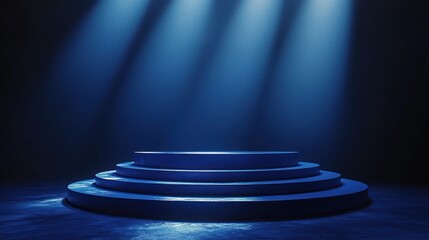 Poster - Blue Circular Platform with Light Rays in a Dark Room