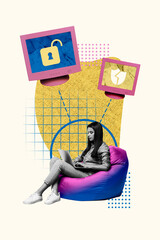 Aufkleber - Vertical photo collage of serious it master girl type laptop sit beanbag spyware open hacking lock antivirus isolated on painted background