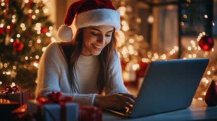 Poster - A woman wearing a Santa hat sits at a table and types on a laptop. A Christmas tree with lights is in the background. Presents are on the table in front of her.
