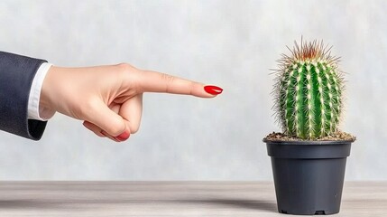 Wall Mural - A woman's hand with vibrant red nails gently points at a small cactus in a pot set against a softly blurred white background