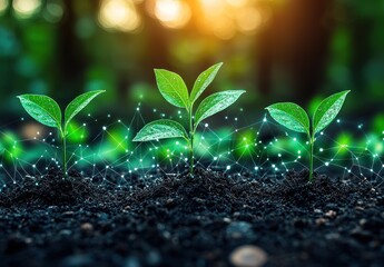 Aufkleber - Three Green Saplings Emerging From Soil With Digital Network
