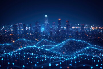 Aufkleber - Illuminated Cityscape with Digital Network and Glowing Lights