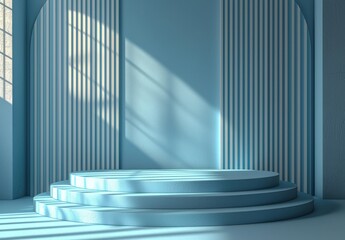Poster - Blue Minimalist Platform with Striped Walls and Sunbeams