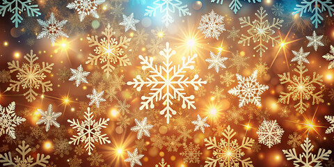 Poster - Delicate snowflakes glisten in a warm golden light, filling the atmosphere with a magical feel of winter, perfect for holiday celebrations