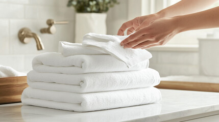 Stacked White Towels in Bathroom with Hand    Clean  Fresh  Spa  Luxury  Bathroom Design