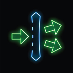 Poster - Glowing neon arrows pointing in opposite directions on a black background, representing the concept of different paths in life
