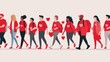 © Fana Art - A diverse group of people walking in a line, all wearing red shirts with heart symbols. They are holding hands and walking together.