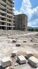 an apartment building in chernihiv, ukraine, shows signs of rebuilding after war destruction, surrou