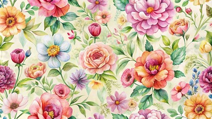  watercolor blooming flowers background in seamless pattern