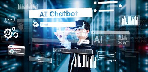 Poster - businessman with headset standing at data center while using ai assistance. project manager pointing