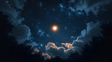Wall Mural - a bright star shines in a night sky filled with clouds and stars.