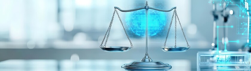 Poster - Classic scales of justice in futuristic laboratory, AI hologram overlay, blue and silver tones, minimalist, hightech environment, intricate details, sharp focus