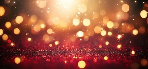 Poster - Red background with golden lights and bokeh, festive red and gold color scheme, shiny and sparkling effect Generative AI