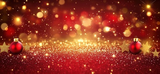 Poster - Red background with shiny golden lights and bokeh effect. Christmas or New Year celebration banner Generative AI
