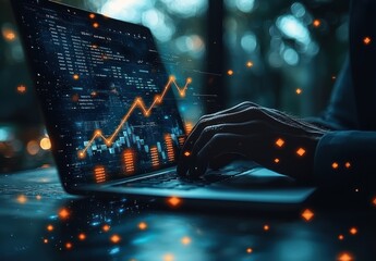 Leinwandbilder - Hands Typing on Laptop with Upward Trending Graph and Data Displayed on Screen