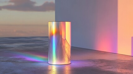 Thin rainbow glow on minimalist chrome surfaces