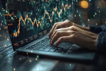 Aufkleber - Hands Typing on Laptop with Stock Market Data Displayed on Screen