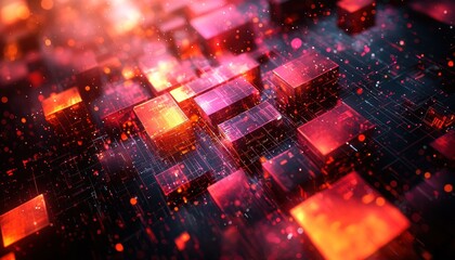 Aufkleber - Abstract Red and Orange Geometric Shapes with Glowing Lines and Specks
