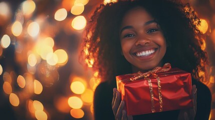 Poster - A young woman with curly hair and dark skin is shown holding a red gift box wrapped in a gold ribbon. She is smiling broadly with her teeth showing.