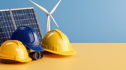 A vibrant collection of renewable energy symbols showcasing a solar panel, wind turbine, and protective helmets against a bright backdrop