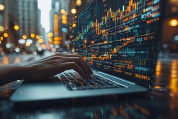 Poster - Person Working on Laptop with Financial Data and City Lights in Background