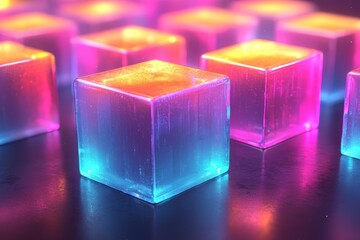 Poster - Glowing Glass Cubes with Vivid Neon Hues