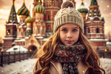 Portrait of a little girl in a warm jacket and hat walking through the winter streets of the city, close-up of her face. The winter season.