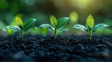 Aufkleber - Three Young Green Plant Saplings Growing in Dark Soil