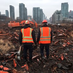 two workers in safety gear surveying a construction site with machinery.