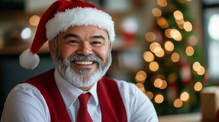 Poster - A joyful man wearing a Santa hat and a red vest beams with happiness. The background features a beautifully decorated Christmas tree adorned with lights and ornaments, creating a festive atmosphere.