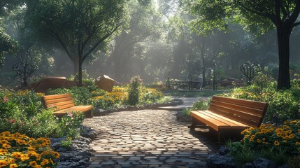 Sunlit Forest Path with Benches and Flowers