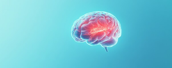 Poster - Human brain with neural connections highlighted on blue background. Neuroscience and medical research concept