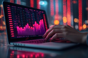 Poster - A hand typing on a laptop with a stock market graph displayed on the screen, illuminated by red and orange bokeh lights
